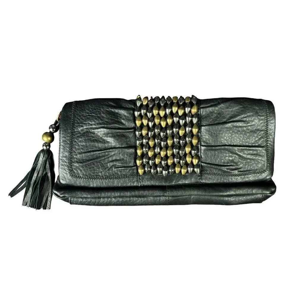 Vince Camuto Clutch Black Gold Metal Studded Tassel Leather Magnetic Purse
